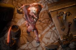 3d_(artwork) 4k absurd_res anthro axe barbarian blacksmith blender_(artwork) blender_cycles_(artwork) bone bone_mask canid canine codpiece digital_media_(artwork) english_text foirgairwolf hi_res jewelry male mammal mask mythological_canine mythological_creature mythology necklace red_body skull skull_mask solo tattoo text tribal weapon werecanid werecanine werecreature werewolf