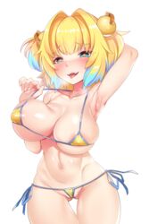 +_+ 1girls absurdres adjusting_clothes adjusting_swimsuit aqua_eyes aqua_hair arm_behind_head arm_up armpits ass_visible_through_thighs bangs bikini blonde_hair blue_hair bombergirl breasts breath cameltoe covered_nipples eyebrows_visible_through_hair fangs grenade_hair_ornament harigane_shinshi highres large_breasts micro_bikini navel open_mouth pine_(bombergirl) shiny shiny_skin short_hair side-tie_bikini simple_background smile solo swimsuit symbol-shaped_pupils thigh_gap tongue tongue_out two_tone_hair white_background yellow_bikini