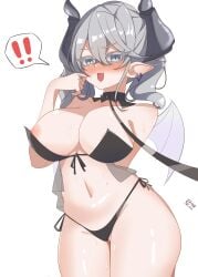 artist_request yu-gi-oh! konami labrynth_of_the_silver_castle lovely_labrynth_of_the_silver_castle simple_background white_background hi_res standing demon demon_girl demon_horns white_hair silver_eyes twintails fringe princess queen pointy_ears earrings blush smile embarrassed sweatdrop pussy_juice areolae nipples looking_at_viewer collar slave slave_girl slave_collar ! :3 horny_female babydoll curvy navel thighs