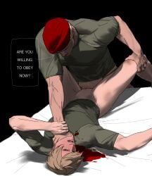 2boys asphyxiation bleeding blonde_hair blood blood_on_clothes blue_eyes cuntboy gay gay_male green_shirt hand_on_another's_wrist hat highres implied_rape jack_krauser leon_s._kennedy looking_to_the_side lying male_focus multiple_boys muscular muscular_male no_pants on_back on_bed open_mouth red_hat resident_evil resident_evil_4 sacophy_zzzzz sex shirt short_hair strangling yaoi