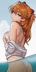 neon_genesis_evangelion asuka_langley_sohryu orange_hair long_hair hair_ornament blue_eyes skinny small_breasts solo female 1girls looking_at_viewer looking_back standing_in_water submerged outdoors ocean closed_mouth head_tilt from_behind rear_view from_below ass bikini halter_bikini jacket bare_shoulders hand_on_breast sky cloud ai_generated molamaxuy