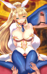 1boy animal_ears areolae artoria_pendragon artoria_pendragon_(lancer) artoria_pendragon_(swimsuit_ruler) bar_censor between_thighs blonde_hair blue_legwear blue_neckwear braid bunny_ears bunnysuit censored cowgirl_position detached_collar fate/grand_order fate_(series) feather_boa female fishnet_legwear fishnets french_braid green_eyes highleg highleg_leotard kurumi_moka leotard long_hair navel_cutout nipple_slip nipples pantyhose penis ponytail sitting solo_focus straight thigh_sex thighs very_long_hair white_leotard wrist_cuffs