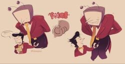 2026 2boys 2d 2d_(artwork) ? antennae arms_behind_back artist_name awkward_smile belt black_pants boner boner_in_pants boner_under_clothes bulge bulge_through_clothing clothed clothing color colored comic comic_panel deltarune digital_drawing_(artwork) digital_media_(artwork) fully_clothed grabbing grabbing_penis grabbing_penis_through_clothes long_nose looking_back_at_partner object_head pointy_nose pulsing pulsing_cock screen_face simple_background skinnyjimz spamtenna spamton_g_spamton tenna_(deltarune) yellow_bowtie yellow_necktie