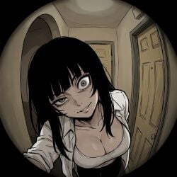 1girl 1girls ai_assisted ai_generated black_hair breasts bvby363 cleavage close-up creepy grin highres horror indoors original pale_skin random_(bvby363) smirk solo solo_female upper_body wide_eyed