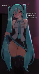 1girl 1girls aqua_eyes aqua_hair aqua_nails aroused ass_visible_through_thighs backstage bare_shoulders black_skirt black_thighhighs blue_panties blush breasts clothes_lift dark_room detached_sleeves english_text eyelashes female female_only geerux grin hair_between_eyes hatsune_miku head_tilt headset heart hearts hips indoors knees_together_feet_apart legwear lifted_by_self lifting_skirt light-skinned_female light_skin long_eyelashes long_hair looking_at_viewer nail_polish narrow_waist naughty_face necktie panties pleated_skirt pov presenting presenting_panties pussy_juice pussy_juice_drip pussy_juice_drip_through_clothes pussy_juice_stain see-through see-through_panties shimapan shirt skindentation skirt skirt_lift sleeveless sleeveless_shirt small_breasts smile smirk solo standing stockings striped striped_panties suggestive sweat sweatdrop talking_to_viewer text thigh_gap thighhighs thighs tie twintails underwear very_long_hair vocaloid waist wet_panties white_shirt