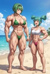 2girls ai_generated aiba_matsuri alternate_body_type barefoot beach biceps bikini broad_shoulders cleavage croptop extreme_muscles female female_only fit_female green_eyes green_hair happy_female height_difference huge_breasts luna_(yu-gi-oh!) medium_breasts multiple_girls muscular_female oppai_heart_~kanojo_wa_kedamono_hatsujouki!?~ quadriceps short_hair six_pack trapezius twintails yellow_eyes yu-gi-oh!_5d's zakvar