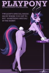 druge my_little_pony ai_generated parody text magazine_cover playpony playboy_bunny twilight_sparkle_(mlp) anthro solo female female_only solo_female bunnysuit bunny_girl unicorn unicorn_horn high_heels