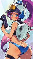 life_is_pi 1girls alternate_costume alternate_hairstyle antennae ass backboob blue_eyes boots breasts cameltoe female female_only gloves gun highres holding_gun long_eyebrows long_hair looking_at_viewer mighty_switch_force patricia_wagon patricia_wagon_(cosplay) police police_uniform policewoman purple_hair shantae shantae_(character) smooth_skin solo uniform visor_cap big_breasts big_ass ass_focus bikini bikini_bottom ass_crack