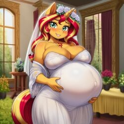 ai_generated anthro anthro_unicorn female furry lazybonesai my_little_pony orange_fur pregnant pregnant_female sunset_shimmer pregnant_bride bride bride_veil wedding_dress