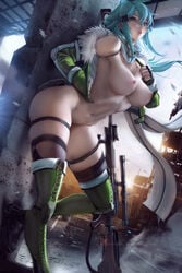 1girls absurd_res asada_shino blue_eyes blue_hair breasts clothing female female_only full_body green_hair gun highres large_breasts long_hair nipples nude paid_reward patreon_reward rifle sakimichan sinon sniper_rifle solo sword_art_online weapon white_skin