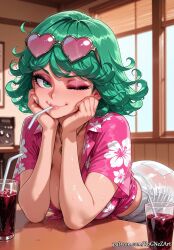 1girl 2026 ;) ai_generated alternate_breast_size anime bangs boobs breasts cleavage crossover cup curly_hair drinking_straw eye_contact eyelashes eyewear_on_head female female_focus floral_print green_eyes green_hair green_nails hawaiian_shirt head_rest heart heart-shaped_eyewear highres huge_breasts indoors inside jewelry large_breasts lips looking_at_viewer makeup necklace nsfw one-punch_man one_eye_closed patreon patreon_username pink_shirt rognezart shirt short_hair short_sleeves shorts smile smiling solo sunglasses sweat sweaty tatsumaki tied_shirt wet white_shorts