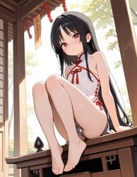 ai_generated ai_background male femboy long_hair looking_at_viewer black_hair red_eyes buttplug chastity_cage shrine_maiden shrine feet cute