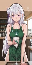 1girls ai_generated annoyed apron bangs blush cafe coffee coffee_cup collarbone counter cum cum_on_face elf emilia_(re:zero) female hair_flower hair_ornament holding_cup indoors long_hair looking_at_viewer molamaxuy naked_apron pointy_ears purple_eyes re:zero_kara_hajimeru_isekai_seikatsu serving_drink starbucks white_hair