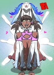 breasts breasts_bigger_than_head brown_hair caprine dark_skin doggy_style female female_on_feral feral feral_on_female feral_on_human feral_penetrating goat huge_breasts huge_nipples human human_female human_on_feral jijis-waifus massive_breasts nipple_piercing nipples sharp_teeth twintails yellow_eyes zoophilia