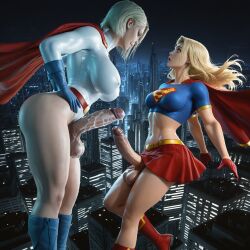 3d ai_generated belt big_penis blonde_hair blue_eyes boots breasts_size_difference cape city cityscape comfyui crop_top cum_on_penis dc dc_comics erect_nipples flying foreskin futa_only futa_with_futa futanari gloves hands_on_hips intersex justice_league kara_danvers kara_zor-el kara_zor-l karen_starr leaning_back leotard leotard_aside long_hair medium_breasts midair navel open_mouth penis_size_difference power_girl shocked short_hair size_difference skirt smile smug stable_diffusion supergirl supergirl_(series) superheroine superman_(series) surprised