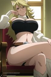 1female 1girl 1girls 2026 ai_generated akame_ga_kill! animal_ear_fluff animal_ears artist_name bandeau bangs belt big_ass big_breasts black_panties blonde_hair breasts cat_ears chair cleavage closed_mouth crossed_legs curvy detached_sleeves hair_between_eyes hi_res high_quality high_resolution highres huge_ass huge_breasts indoors large_breasts leone_(akame_ga_kill!) long_hair long_sleeves looking_at_viewer looking_to_the_side midriff navel panties patreon patreon_username sitting solo strapless thighs tube_top underwear unjobdespiert watermark window yellow_eyes