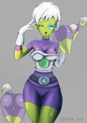 1girls alien_girl armor battle_armor bodysuit breasts cheelai clothed dragon_ball dragon_ball_super elastic_armor female green-tinted_eyewear green_skin half-closed_eyes humanoid looking_at_viewer scouter short_hair source_request text thick_thighs thigh_gap thin_waist tinted_eyewear watermark white_hair wide_hips xhaart xhan-art