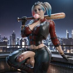 3d ai_generated baseball_bat belt big_balls big_breasts big_penis blender blowing_bubblegum bracelet bubble_gum city cityscape cleavage comfyui corset dc dc_comics erection futanari gloves goggles_on_head harleen_quinzel harley_quinn intersex jacket justice_league looking_away makeup multicolored_hair navel one_leg_up open_fly pants rolled_up_sleeves rooftop solo stable_diffusion villainess
