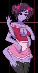 1girls 6_arms areola_slip blush closed_mouth dress fae-sama hair_ribbon muffet pink_skirt purple_eyes purple_hair purple_skin shiny_skin skirt smile thighhighs undertale undertale_(series) waving