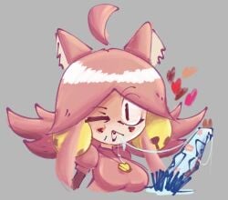 1girls 2d_(artwork) after_fellatio ahoge blushing cat_ears cat_girl clothed_female deltarune disembodied_penis drool_string hearts_around_head kiss_mark kiss_mark_on_penis mad_mew_mew pink_(deltarune) pink_hair psychone pubic_hair pubic_hair_in_mouth self_upload wink winking_at_viewer