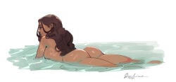 1girl artist_name ass avatar_legends avatar_the_last_airbender blue_eyes breasts brown_hair bubble_butt completely_nude covered_nipples dark-skinned_female dark_skin dat_ass disclaimer disclaimer_(disclaimish) hair_down hair_rings in_water katara long_hair looking_at_viewer lying lying_on_stomach naughty_face nude partially_submerged prone skinny_dipping smile solo water wet young_adult