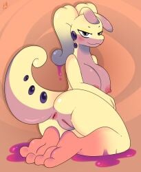 2_toes anthro anus areola barefoot big_breasts blush bodily_fluids breasts butt digital_media_(artwork) dragon e-01 feet female generation_6_pokemon genitals goodra hi_res multicolored_body mythological_creature mythological_scalie mythology nintendo nipples nude pink_body pokemon pokemon_(species) scalie simple_background slime smile soles solo tail toes vulva yellow_body