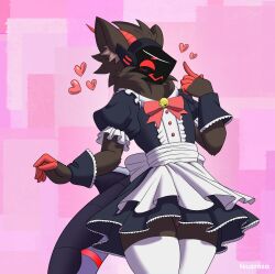 absurd_res bell clothing embarrassed female genitals heart_symbol hearts_around_head hi_res horn legwear machine maid_uniform protogen protogen_shark shark_tail teuzrosa thick_thighs thigh_highs uniform vulva zyphi