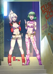 2girls absurdres anal_beads backlighting bangle blonde_hair blue_eyes boots bracelet breastless_clothes breasts bunny_vibrator chains choker clothed_masturbation clothing collar concrete condom condom_packet_strip condom_wrapper cropped_jacket crossover dildo dildo_holster doorway elbow_gloves exhibitionism fate/apocrypha fate/grand_order fate_(series) female female_only fingerless_gloves fishnet_legwear fishnets gloves gold_chain green_hair hair_ornament hair_scrunchie halter_top halterneck high_heel_boots high_heels highleg highleg_panties highres human innie_pussy jewelry leg_warmers long_hair looking_at_viewer lowleg_skirt masturbation medium_breasts micro_panties microskirt mordred_(fate) multiple_girls navel_piercing nipple_bar nipple_piercing no_panties object_insertion open_mouth open_toe_shoes over-kneehighs paid_reward panties patreon_reward piercing ponytail profanity prostitution public_vibrator pussy red_eyes red_gloves red_scrunchie remote_control_vibrator revealing_clothes scrunchie see-through short_hair skirt smile stairs stiletto_heels tekuho thighhighs touhou uncensored underwear unzipped used_condom vaginal_object_insertion vaginal_penetration very_high_heels vibrator vibrator_in_thighhighs w_arms white_hair yuka_kazami