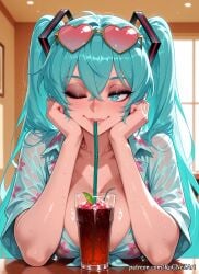 1girl 2026 ai_generated anime aqua_eyes aqua_hair bangs boobs breasts cleavage collarbone collared_shirt crossover cup drink drinking_straw eye_contact eyewear_on_head female female_focus food fruit hair_between_eyes hands_on_own_face hatsune_miku hawaiian_shirt head_rest heart heart-shaped_eyewear heart-shaped_pupils highres huge_breasts indoors inside large_breasts lips long_hair looking_at_viewer nsfw one_eye_closed patreon pigtails rognezart shirt smile smiling solo sunglasses sweat sweaty symbol-shaped_pupils tied_shirt twintails upper_body very_long_hair vocaloid wet wet_clothes wet_shirt