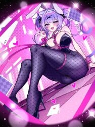 1girl :d ace_(playing_card) ace_of_hearts ace_of_spades ahoge animal_ears black_leotard black_pantyhose black_shoes bow bowtie breasts card cat_ears cat_girl cat_tail center-flap_bangs cleavage commentary detached_collar double-parted_bangs facial_mark fake_animal_ears fang fishnet_pantyhose fishnets hair_ornament hairclip hand_up heart high_heels highres hololive knees_up kogekoge1207 large_breasts leotard long_hair looking_at_viewer nekomata_okayu open_mouth pantyhose pink_bow pink_bowtie playboy_bunny playing_card purple_eyes purple_hair rabbit_ears rabbit_hole_(vocaloid) shoes sitting skin_fang smile solo spade_(shape) tail teardrop_facial_mark thigh_strap twintails untranslatable_commentary virtual_youtuber x_hair_ornament