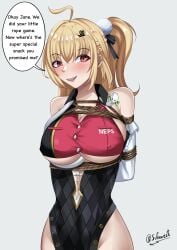 2girls arms_behind_back bimbo blonde_hair bondage bound bound_arms cissia_(zenless_zone_zero) dumb_girl english_text female female_focus female_pov femsub jane_doe_(zenless_zone_zero) rope speech_bubble stupid stupid_girl sufawest text tricked underboob zenless_zone_zero