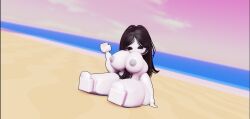 roblox robloxian female_only pussy cute_face beach posing teasing nude black_hair white_body oiled horny