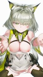 1girl absurdres animal_ears arknights bare_shoulders blush breasts breasts_out cat_ears cat_girl cleavage commentary_request detached_sleeves dress from_above green_eyes green_hair hands_up highres hug_invitation kal'tsit_esperanta_(arknights) long_hair looking_at_viewer looking_up medium_breasts mizuhashi_parusui nipples no_bra no_panties pussy reaching reaching_towards_viewer see-through_clothes see-through_dress sitting very_long_hair