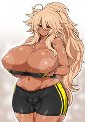 1girls big_breasts blonde_hair cameltoe female gyaru huge_breasts inverted_nipples kurokagami_ryuuko large_breasts long_hair otogi_tetsurou ponytail solo sweat sweatdrop tan thick