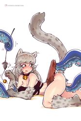 1girls animal_ears bbc-chan bell blush cat_ears cat_girl cat_tail eyebrows_visible_through_hair female female_only highres jingle_bell long_hair simple_background skirt_lift solo tail tentacle tentacle_grab tentacle_on_pussy white_background