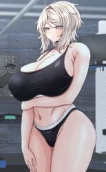 arm_at_side collarbone curvy expressionless faust_(limbus_company) gym holding_own_arm huge_breasts limbus_company project_moon sports_bra thick_thighs underwear wide_hips