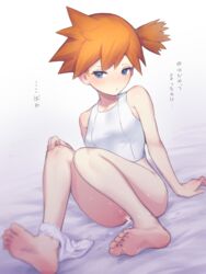 1girls blue_eyes blush breasts cum_in_pussy feet human ie_(raarami) japanese_text kasumi_(pokemon) knees_together_feet_apart orange_hair pokemon pokemon_rgby solo