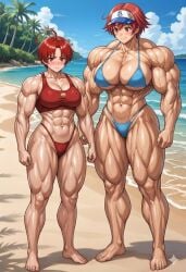 zakvar ai_generated 2girls muscular_female fit_female beach red_eyes red_hair short_hair eiken honoo_no_haramase_oppai_nyuu_doukyuusei yuriko_shinonome serizawa_nei height_difference size_difference bikini crop_top trapezius broad_shoulders deltoids biceps cleavage huge_breasts medium_breasts pecs six_pack quadriceps barefoot full_body blush