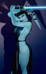 camus08 female solo lightsaber star_wars breasts big_breasts nipples nipples_visible_through_clothing translucent_clothing blue_skin alien aayla_secura beauty_mark 1girls 3d