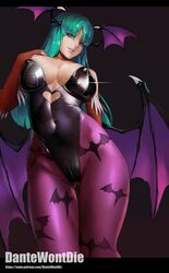 bat_wings big_breasts cameltoe capcom clothing dantewontdie darkstalkers demon_girl female female_only green_hair head_wings leotard long_hair mature_female medium_breasts morrigan_aensland pantyhose smile solo solo_female solo_focus succubus thick_thighs wings