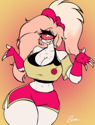 edworld hazbin_hotel hazbin_hotel_(season_2) cherri_bomb cherri_bomb_(hazbin_hotel) thick_thighs tiny_waist big_breasts pink_hair one_eye booty_shorts freckles