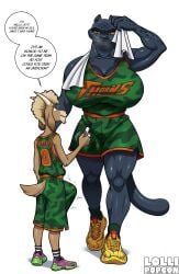 2026 absurd_res age_difference anthro big_breasts bigger_female biped bottomwear bovid breasts bulge caprine clothed clothed_anthro clothed_female clothed_male clothing dialogue duo english_text erection erection_under_clothing felid female female_anthro goat goat_(movie) greeting hi_res huge_breasts jett_fillmore leopard lollipopcon male male_anthro mammal melanistic older_female_and_younger_male pantherine size_difference sony_corporation sony_pictures speech_bubble tail text topwear will_harris_(goat_movie)