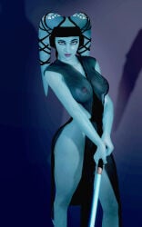 camus08 female solo lightsaber star_wars breasts big_breasts nipples nipples_visible_through_clothing translucent_clothing blue_skin alien aayla_secura beauty_mark 1girls 3d
