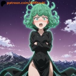 tatsumaki one-punch_man 1girls 1girl green_hair short_hair levitation sky stars shiny_skin looking_at_viewer tight_clothing knees green_eyes pelvic_curtain short_woman dress parted_lips starry_sky cloud mountain purple_sky highres high_resolution hi_res high_quality ai_generated aimitsuki crossed_arms blush blushing embarrassed raised_eyebrows open_mouth red_ears sweatdrop sweat small_breasts