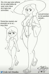 2girls alternate_version_available artist_name bag beachwear bikini breasts crab_art_studio dialogue flip_flops hilda_(hilda) hilda_(series) johanna_(hilda) jpg mother_and_daughter netflix one-piece_swimsuit sling_bikini slingshot_swimsuit swimsuit white_background uncolored spanish_text spanish_dialogue
