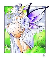 anthro belly big_belly breasts cammypuppy choker clothed clothing clothing_lift dress dress_lift eyes_closed eyeshadow fairy female genitals gown hairy_vulva head_wings hi_res insect_wings jewelry lepidopteran_wings makeup necklace nipples nipples_through_clothes plant shrub sigh solo unusual_wing_placement vore vulva wings