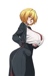 1girl ass black_coat blonde_hair blush breasts coat collared_shirt huge_ass jacket k_dhen large_breasts limbus_company long_hair long_sleeves looking_at_viewer necktie open_mouth pants project_moon red_necktie shirt short_hair simple_background solo white_background white_shirt yellow_eyes don_quixote_(limbus_company)
