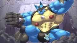 absurd_res anthro black_body black_fur blue_body blue_fur body_size_growth bulge bulge_grab canid canine clothing duo felid fur generation_4_pokemon hi_res inside lucario macro male male/male mammal muscular muscular_male nintendo nipples pokemon pokemon_(species) sharkinn shinx size_difference size_transformation speedo spines swimwear transformation yellow_eyes