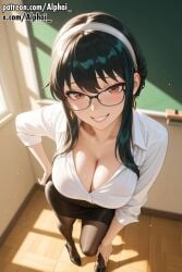 yor_forger yor_briar spy_x_family 1girl red_eyes classroom female legwear pantyhose school_teacher schoolgirl_uniform glasses solo teacher from_above heels perspective teeth smile full_body cleavage white_shirt raised_eyebrows naughty_face volumetric_lighting dramatic_shadows cinematic_lighting colorful_background detailed_background particles skindentation detailed_skin detailed_hair depth_of_field semirealistic patreon patreon_url patreon_link patreon_username 2025 2026 highres high_resolution high_quality absurd_res absurdres blushing ai ai_art ai_assisted ai_generated ai-created alphai