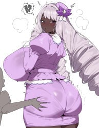 1boy 1girls absurdres blush breasts citizen_k citizen_k_(pngj5475) commentary curvy dress drill_hair gigantic_breasts grabbing_another's_ass groping hat highres jacinthe_(pokemon) long_hair long_sleeves looking_at_viewer looking_back nintendo paid_reward_available pantylines pokemon pokemon_legends:_z-a purple_dress purple_eyes purple_hair purple_hat simple_background smaller_male solo_focus standing sweat twin_drills very_long_hair white_background yukari_(pokemon)